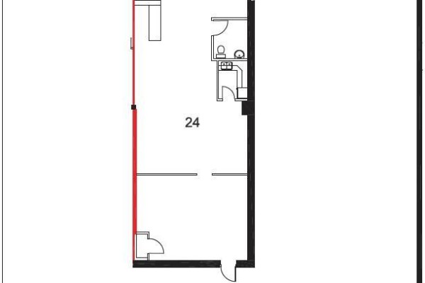 Floor plan for commercial unit 24 showing a main area, two washrooms, and a small room. - 24 - 15 Cedar Pointe Drive, Barrie