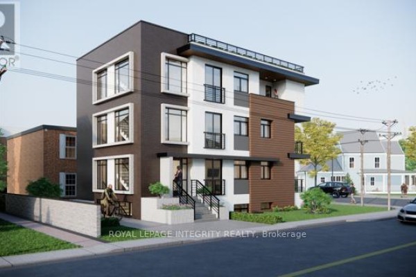 Architectural rendering of a modern three-story townhouse with dark siding and white accents. - 24-26 Concord Street N, Ottawa