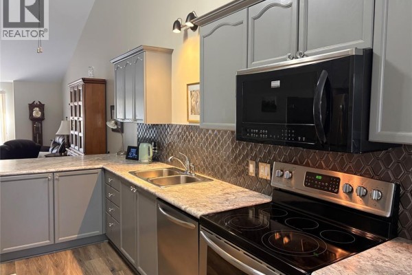 View of the kitchen with dark gray cabinets, stainless steel appliances, and a diamond-patterned backsplash. - 24 Erie Glen Crescent, Leamington