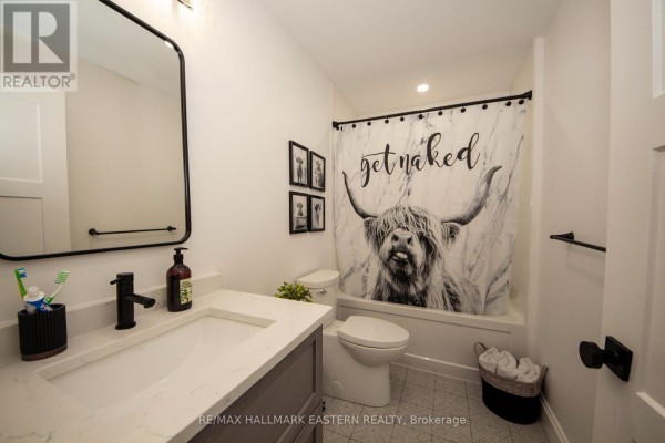 Modern bathroom with highland cow shower curtain, vanity, and toilet - 24 Rory Drive Selwyn