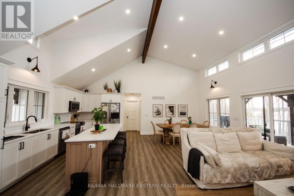 Spacious open-plan living area with a kitchen, dining room, and lounge area, featuring vaulted ceilings and large windows. - 24 Rory Drive, Selwyn