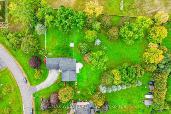 Aerial view of the property showing a house with a circular driveway, surrounded by trees and green space. - 24 Smith Drive, Uxbridge