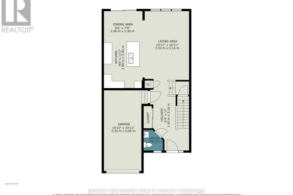 Floor plan with kitchen, living area, dining area, bathroom, garage, hallway, and closet - 240 Sweetvalley Drive Ottawa