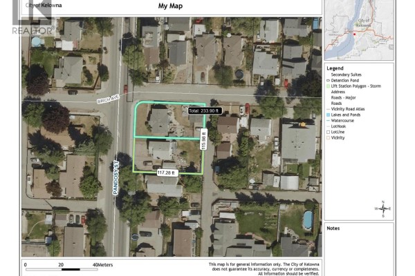 Aerial map showing the property at 2415 Pandosy Street, Kelowna, with adjacent streets and surrounding neighbourhood. - 2415 Pandosy Street, Kelowna
