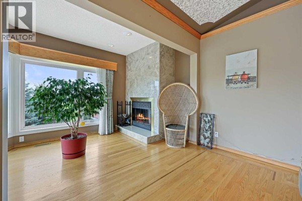 Living room featuring a marble fireplace, a wicker chair, a large potted plant, and a bay window. - 242125 8 Street E, Rural Foothills County