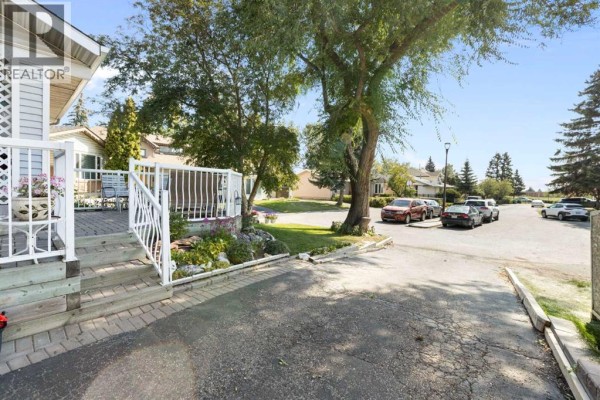 View of a paved driveway and front yard with trees and houses in the background. - 243 Radcliffe Place Se, Calgary