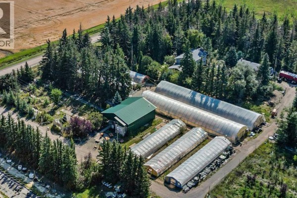 Aerial view highlighting the layout of the property with fields and tree lines. - 243003 Boundary Road, Rural Rocky View County