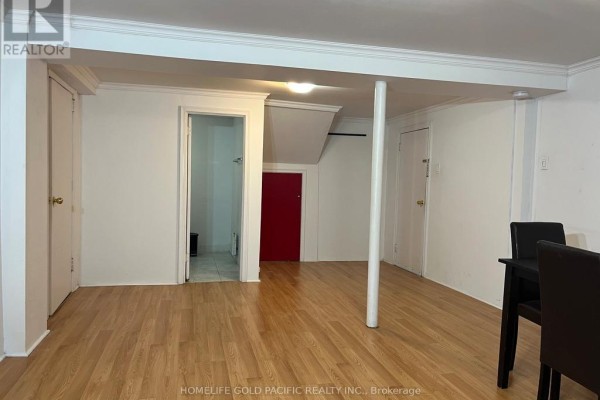 Interior view of a basement with wood floors, white walls, and doorways. - 244 Maxwell (basement) Street, Toronto