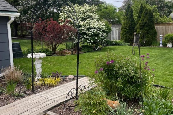 Backyard with fire pit, bench, patio, and water tower - 244 North Street Fort Erie