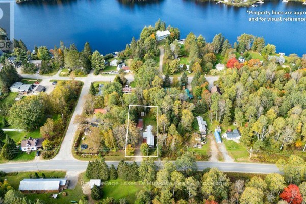 Aerial view of 245 Main Street, Kearney, surrounded by trees and a lake. - 245 Main Street, Kearney