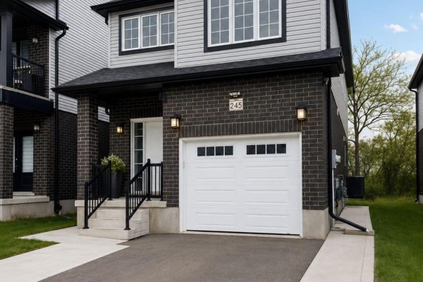 Side view of a modern two-story house with grey siding, dark brick base, and white garage door. - 245 Wesley Boulevard, Cambridge
