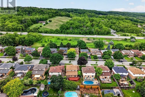 Aerial view of residential houses with backyards, pools, and mature trees. - 2450 Overton Drive N, Burlington