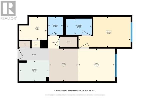 Floor plan of a one-bedroom apartment with den, living, dining, kitchen, and two bathrooms. - 246 - 555 William Graham Drive, Aurora