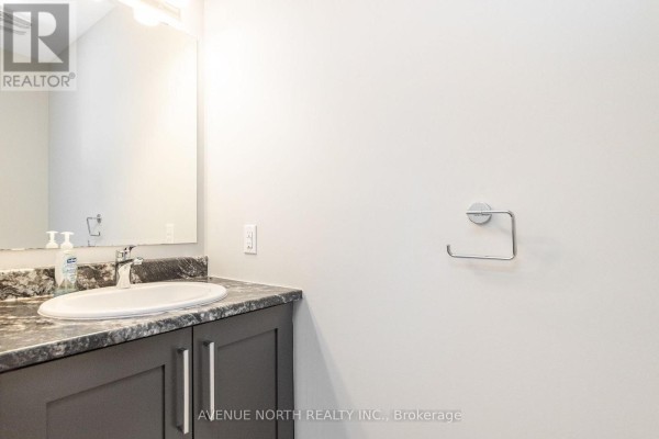 Powder room with dark grey vanity, white oval sink, granite countertop, and large mirror. - 246 Aquarium Avenue, Ottawa