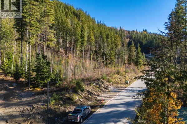 A pickup truck parked on a paved road winding through a forested mountainside with visible construction. - 2465 Monashee Court Unit# 22, Revelstoke