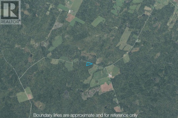 Aerial view of a larger area showing fields and forested land with boundary lines marked. - 25-2 Chapman Settlement Road, Chapman Settlement