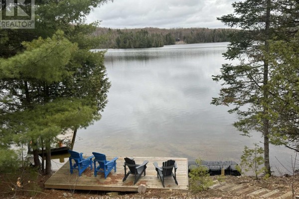Wooden dock with four Adirondack chairs facing a wide, calm lake surrounded by evergreen trees. - 25 Fire Route 330 Route, Trent Lakes