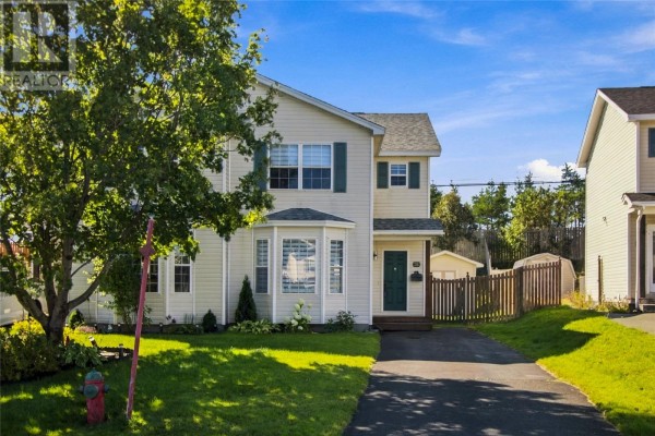 Front exterior view of a cream-colored house with a large tree and green lawn. - 25 Laumann Place, Mount Pearl