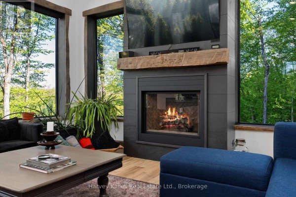 Close-up of a modern living room fireplace with a TV mounted above and large windows showcasing the surrounding forest. - 25 Natures Way, Huntsville