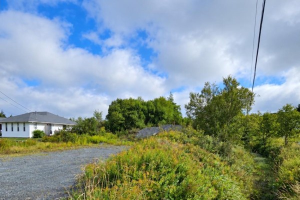 Gravel lot with green foliage and trees, a white house is visible. - 25 Newfound Lane, Bay Roberts