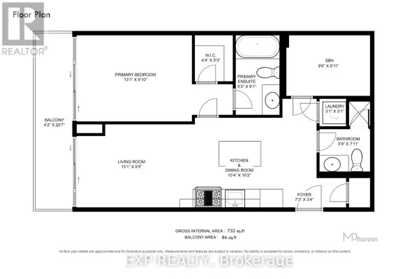 Floor plan for a 732 sq ft apartment with one bedroom, den, and balcony. - 2505 - 200 Bloor Street W, Toronto