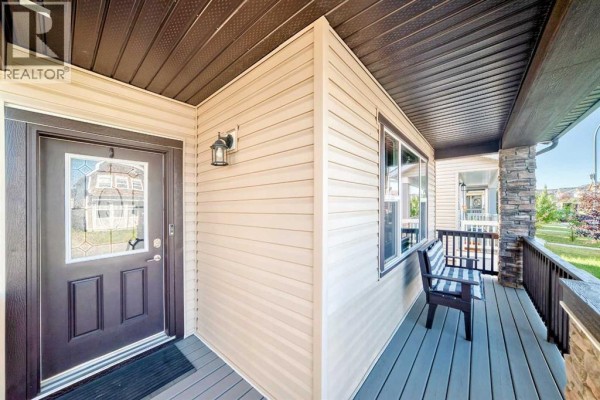 Close-up of the front door and porch area of the Calgary home, showing siding and windows. - 251 Skyview Point Road Ne, Calgary