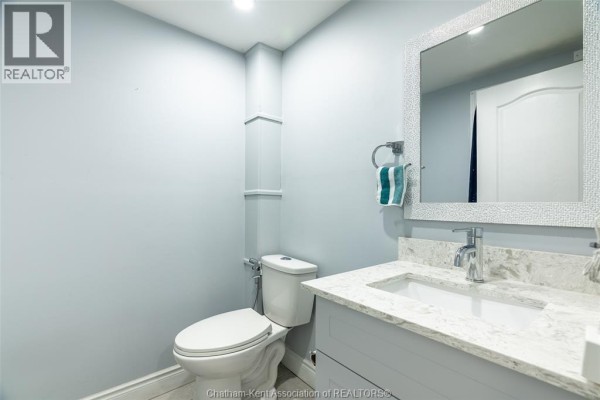 A light grey bathroom with a white toilet, a vanity with a marble countertop, and a decorative mirror. - 252 Wellington Street East, Chatham
