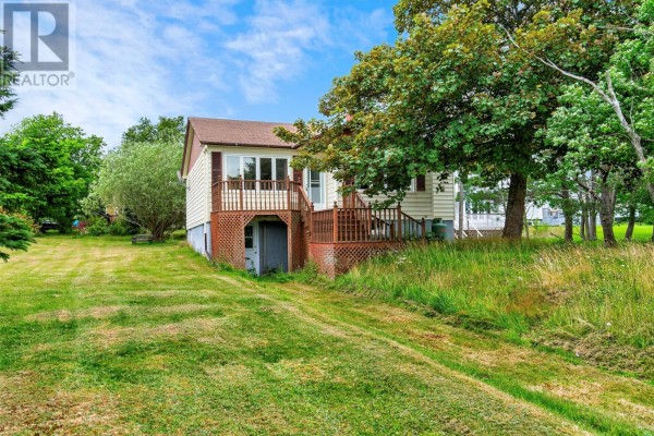 Side view of a light yellow house with a wooden deck and surrounding green grass and trees. - 253 Water Street, Bay Roberts