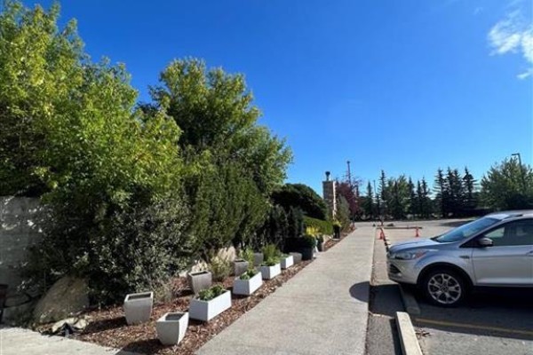 Pathway lined with planters and parking spaces beside the building - 254028 Bearspaw Road, Rural Rocky View County