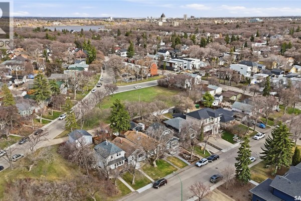 Aerial view of a residential neighborhood with streets and houses. - 2543 Garnet Street, Regina