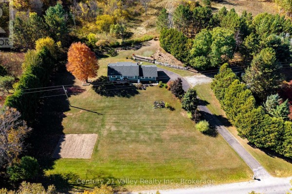 Aerial view highlighting the spacious yard and surrounding trees. - 255 Flat Road, Greater Madawaska