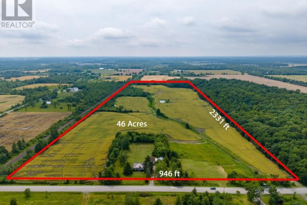 Aerial view showcasing 46 acres of farmland with property dimensions labeled. - 2561 Point Abino Road N, Fort Erie