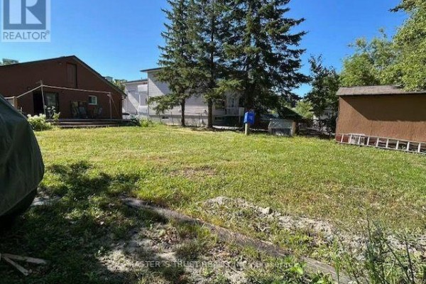Green backyard with trees, a shed, and a partial view of the house. - 257 Leslie Street, Greater Sudbury