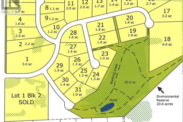 Map showing numbered lots of varying sizes, with walking trails and a pond. - 26, 420069 Range Road 284, Rural Ponoka County
