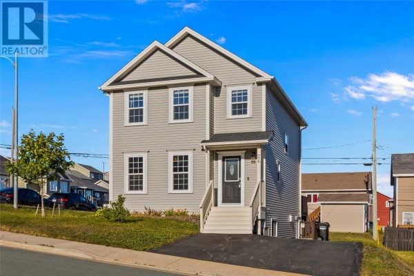 Front exterior of a light grey two-story house with a dark front door and white trim. - 26 Hamlet Street, St  John S