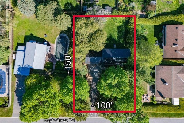 Aerial view showing property boundaries with approximate 100ft and 150ft dimensions. Includes existing home and trees. - 26 Maple Grove Road, Ottawa