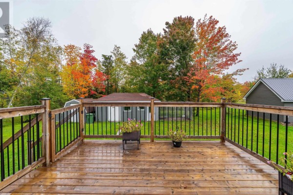 Wooden deck with black railings overlooking a backyard with trees and outbuildings. - 26 Poplar Drive, Lantz