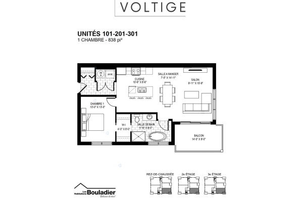 Floor plan for a 1-bedroom apartment with kitchen, living room, bedroom, bathroom, and balcony. - 260 Rue Nancy-elliott, #101, Gatineau