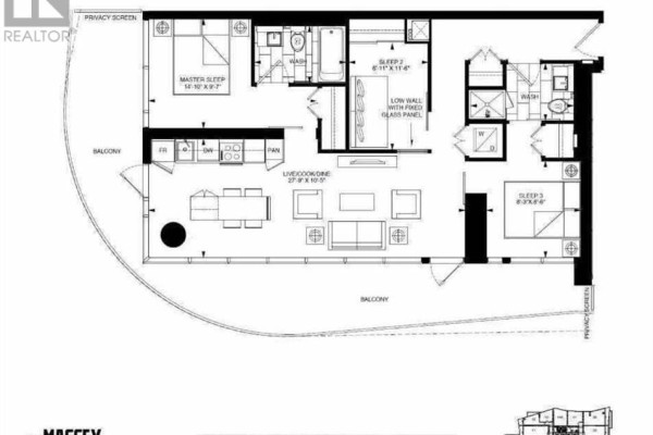 Floor plan of a three-bedroom apartment with two balconies and two bathrooms. - 2609 - 197 Yonge Street, Toronto