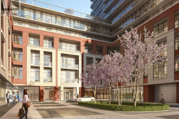 Courtyard view of apartment building with red brick, white stone accents, balconies, and flowering trees. - 2609 - 4010 Eglinton Avenue W, Toronto