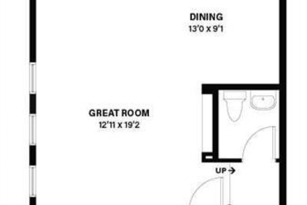 Floor plan of a townhouse showing a great room, dining area, and half bathroom. - 261 Veranda Boulevard Sw, Calgary