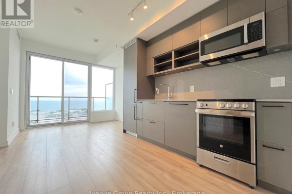 Kitchen area with grey cabinets, stainless steel appliances, and large windows with city view. - 2610 - 135 East Liberty Street, Toronto