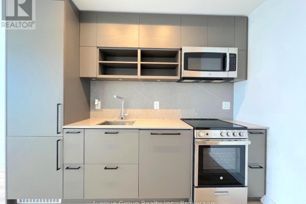 Close-up of a modern grey kitchen with stainless steel oven, microwave, and sink. - 2610 - 135 East Liberty Street, Toronto