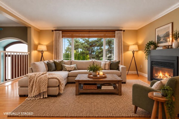 Living room with a large sectional sofa, fireplace, wooden coffee table, and view of trees. - 2629 Sunnyside Crescent, Abbotsford
