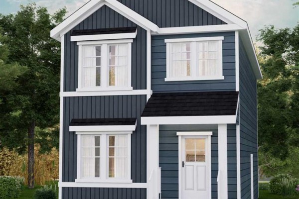 Exterior view of a two-story blue house with white trim and front door - 264 Clearview Court, Chestermere