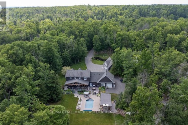 Aerial view showing the house nestled among mature trees with a winding driveway leading to the rear property. - 267 Edwina Drive, Trent Lakes