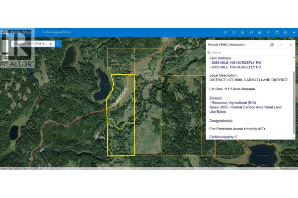 Map showing property boundaries with civic address and land details. - 2685 Mile 108 Road, Horsefly