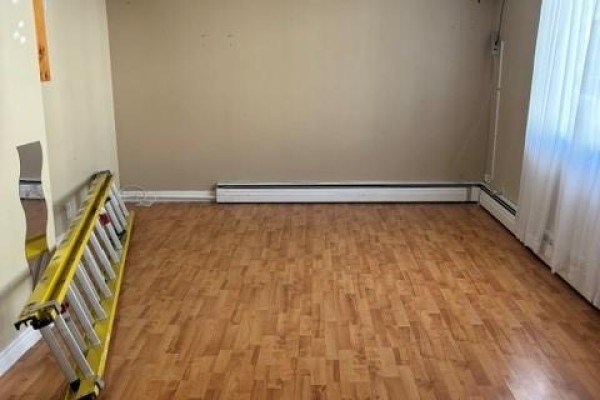 Empty room with light wood laminate flooring, beige walls, and a silver ladder. - 27 Mckay Street, St  John S
