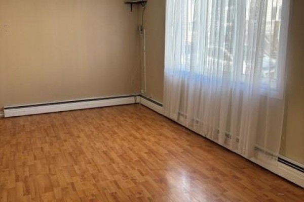 Empty room with light wood laminate flooring, beige walls, and white sheer curtains. - 27 Mckay Street, St  John S