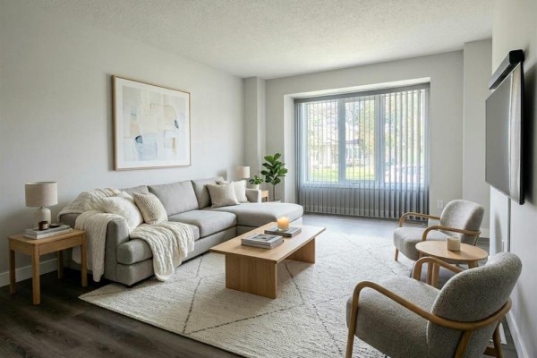 Living room with a sectional sofa, two armchairs, a coffee table, and a large window with vertical blinds. - 27 Olford Crescent, Winnipeg